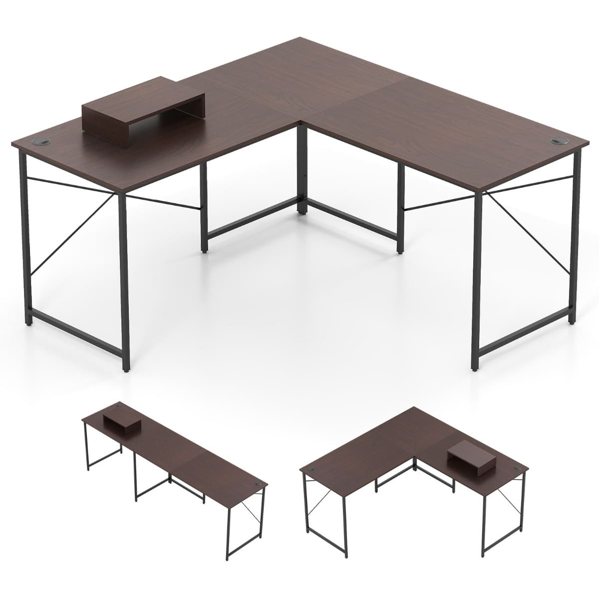 CostwayBureau en Forme de L Réversible de 150 cm avec Prise Intégrée Support Amovible pour Hôte/Écran Trous de Gestion des Câbles Café